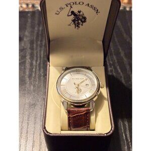 U.S. Polo Assn. Men's Watch Brown Leather Band Silver Dial Date Display With Box
